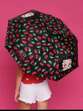 🆕️🍒🍒 RETRO PIN UP BETTY BOOP CHERRY BLACK COMPACT UMBRELLA🍒🍒